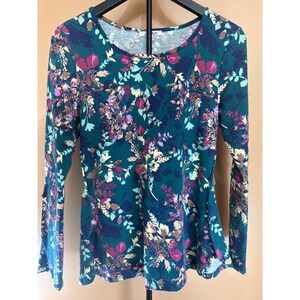 Crochet Womens Teal Floral Long Sleeve Knit Top Crew Neck Button Detail Size S